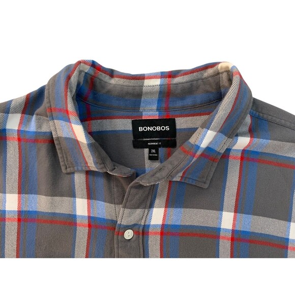 Bonobos Men's size 2XL Gray/Blue/Red Prominent Fit Warm Flannel Plaid Shirt - Picture 3 of 8